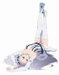 1girl :> armpits arms_up bare_shoulders black_bow black_hairband black_nails blush boots bow breasts closed_mouth commentary detached_sleeves dress empty_eyes english_commentary eyelashes fate/strange_fake fate_(series) fingernails francesca_prelati_(fate) full_body garter_belt grey_eyes grey_pupils hair_bow hairband highres legs_up long_fingernails long_hair long_sleeves looking_at_viewer lying nail_polish on_back purple_hair short_dress simple_background sleeveless sleeveless_dress small_breasts smile solo striped_clothes striped_dress thighhighs thighs thorn_(kmconceptart) very_long_hair white_background white_boots white_dress white_sleeves white_thighhighs 