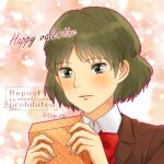  1girl :| alternate_costume blazer blush bob_cut bow bowtie box brown_hair brown_jacket chocolate close-up closed_mouth collared_shirt commentary confession contemporary dress_shirt english_text expressionless eyelashes food gradient_background green_eyes happy_valentine highres himesakura holding holding_box holding_chocolate holding_food incoming_food incoming_gift jacket light_particles mononoke_hime orange_background outline pink_lips pink_outline plant potted_plant pov red_bow red_bowtie san_(mononoke_hime) school_uniform shirt short_hair solo two-handed valentine white_shirt 