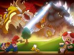  bowser bracelet brandon_santiago breasts claws collar crossover crown fire giant giant_monster giga_bowser gloves glowing glowing_eyes godzilla godzilla_(series) horns jewelry kaiju long_hair mario mario_(series) monster multiple_boys non-web_source open_mouth princess_peach red_eyes red_hair running sharp_teeth short_hair spiked_bracelet spiked_collar spikes super_crown super_smash_bros. tail teeth toad_(mario) tree yoshi 