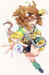  ahoge animal_ears bandeau blush braid breasts brown_hair collarbone commentary_request dolldolldd green_socks hair_between_eyes hair_ornament hairclip half_up_braid half_up_half_down_braid highres horse_ears horse_girl horse_tail jacket jewelry jungle_pocket_(champion's_battle_cry)_(umamusume) jungle_pocket_(umamusume) korean_commentary long_sleeves looking_at_viewer medium_hair midriff necklace notched_ear open_clothes open_mouth single_loose_sock skirt small_breasts smile socks steel-toe_boots tail teeth umamusume umamusume:_beginning_of_a_new_era yellow_bandeau yellow_eyes yellow_jacket 