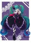  1girl absurdres ankle_strap back_bow black_dress black_pantyhose black_shoes blue_eyes border bow brown_mask clothing_cutout commentary dress fang footwear_bow frilled_dress frills full_body gothic_&amp;_horror_hatsune_miku_design_contest gradient_horns green_hair hair_intakes hair_ornament hatsune_miku high_heels highres holding holding_mask horns lace_background layered_dress long_hair long_sleeves looking_at_viewer mask medium_dress multicolored_horns open_mouth outside_border pantyhose pink_bow plague_doctor_mask puffy_long_sleeves puffy_sleeves purple_background red_horns shoes shoulder_cutout single_horn solo standing torn_clothes torn_pantyhose twintails untranslatable_commentary very_long_hair vocaloid white_border yu-muge 