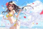  :d bangle bangs beach bikini black_hair blue_eyes bracelet breasts commentary_request cover cover_page day doujin_cover eyebrows_visible_through_hair flower hair_flower hair_ornament halterneck jewelry long_hair medium_breasts morikura_en navel necklace open_mouth original outdoors petals pink_flower round_teeth sarong smile solo swimsuit teeth textless upper_teeth white_flower wind yellow_bikini 