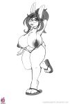 2018 3_toes absurd_res anthro big_breasts bikini breasts clothing darkhazard eyewear female glasses hair hand_behind_head hi_res huge_breasts lagomorph looking_at_viewer mammal open_mouth pussy rabbit simple_background sling_bikini solo swimsuit toes 