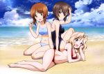  absurdres ass bangs bare_legs barefoot beach bikini blonde_hair blue_bikini blue_eyes blue_sky breasts brown_eyes brown_hair cleavage cloud day eyebrows_visible_through_hair girls_und_panzer hand_in_hair head_on_hand highres kay_(girls_und_panzer) large_breasts lens_flare looking_at_viewer lying medium_breasts multiple_girls navel nishizumi_maho nishizumi_miho ocean official_art on_side one-piece_swimsuit outdoors red_bikini sand scan sitting sky smile swimsuit 