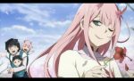  2girls bangs black_hair blue_horns blue_sky carrying child closed_eyes cloud commentary_request couple crying darling_in_the_franxx day flower green_eyes hair_flower hair_ornament hand_up hetero highres hiro_(darling_in_the_franxx) holding holding_flower horns letterboxed long_hair long_sleeves multiple_boys multiple_girls one_eye_closed oni_horns petals pink_hair shirt short_hair sky sweat tears uu_(pixiv11319066) what_if white_shirt zero_two_(darling_in_the_franxx) 