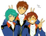  3boys ;d amuro_ray aqua_hair arms_at_sides blue_eyes blue_jacket blush brown_hair char's_counterattack closed_mouth commentary double_v frown green_eyes gundam gundam_zz jacket judau_ashta kamille_bidan kamonekm long_sleeves looking_at_viewer male_focus multiple_boys one_eye_closed open_mouth shirt short_hair simple_background smile sweat translated turtleneck upper_body v white_background white_shirt zeta_gundam 