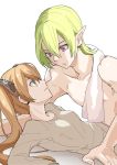  1girl bare_chest breasts brown_hair coma_(macaron) commentary_request eye_contact faize_scheifa_beleth green_hair long_hair looking_at_another lymle_lemuri_phi open_mouth parted_lips pointy_ears purple_eyes shirtless short_hair star_ocean star_ocean_the_last_hope towel towel_around_neck twintails upper_body 