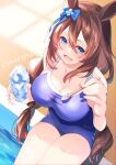  1girl animal_ears bare_arms bare_shoulders blue_eyes blue_one-piece_swimsuit blush bow braid breasts brown_hair cleavage collarbone commentary_request competition_school_swimsuit cup ear_bow food hair_between_eyes highres holding holding_cup holding_spoon horse_ears horse_girl horse_tail lareindraws large_breasts long_hair multicolored_hair nozawa_noko one-piece_swimsuit open_mouth pool poolside school_swimsuit shaved_ice sitting smile solo spoon streaked_hair super_creek_(umamusume) swimsuit tail tracen_swimsuit umamusume very_long_hair water white_hair 