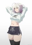  1girl adidas ahoge alternate_costume arms_behind_head arms_up black_shorts black_thighhighs breasts closed_mouth clothes_writing cowboy_shot empty_eyes english_commentary eyelashes fate/grand_order fate_(series) hair_between_eyes highres huge_ahoge jeanne_d'arc_alter_(fate) large_breasts long_sleeves looking_to_the_side midriff navel puffy_long_sleeves puffy_sleeves ribbon shirt short_hair short_shorts shorts simple_background smile solo sportswear standing thighhighs thighs thorn_(kmconceptart) turtleneck turtleneck_shirt white_background white_hair white_ribbon white_shirt yellow_eyes 