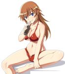  barefoot bikini blue_eyes brown_hair charlotte_e_yeager cola drinking feet_out_of_frame invisible_chair long_hair looking_at_viewer nanashino open_fly red_bikini red_bikini_top short_shorts shorts simple_background sitting soda_bottle solo strike_witches swimsuit white_background world_witches_series 