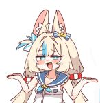 1girl :d absurdres ahoge animal_ear_fluff animal_ears armpit_peek bare_arms blue_eyes blue_sailor_collar blunt_bangs blush blush_stickers bra_strap cat_ears commentary dress fang frilled_sailor_collar frills hair_intakes half-closed_eyes highres indie_virtual_youtuber lifebuoy_hair_ornament looking_at_viewer multicolored_hair nose_blush open_mouth raised_inner_eyebrows sailor_collar sameko_saba shrugging simple_background sleeveless sleeveless_dress smile solo tsurukieeeeeak twintails untranslatable_commentary upper_body virtual_youtuber white_background white_dress 