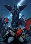  absurdres batman batman_(series) batman_symbol belt black_bodysuit black_hair blue_eyes bodysuit bruce_wayne cowl dc_comics fatson_todd gloves grey_bodysuit highres jason_todd joker_(dc) mask multicolored_bodysuit multicolored_mask multiple_boys muscular muscular_male pants red_hood_(dc) red_mask robin_(dc) short_hair superboy-prime superhero_costume superman_(series) sydney_lee_00 taut_bodysuit two-tone_bodysuit utility_belt western_comics_(style) 