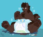  4_toes 5_fingers absurd_res after_transformation ambiguous_gender anthro artist_logo black_pawpads blue_background blush blush_lines brown_body brown_claws brown_finger_claws brown_fur brown_nose brown_tail brown_toe_claws bubblepuppers canid canine claws clean_diaper clothed clothing diaper diaper_only diaper_puff english_text feet finger_claws fingers frown full-length_portrait fur hi_res logo mammal mythological_canine mythological_creature mythology pawpads poof_transformation portrait simple_background sitting snaggle_tooth solo tail text text_on_diaper toe_claws toes topless torn_clothing villa_(cryo-lithius) wearing_diaper werecanid werecanine werecreature werewolf whisker_spots worried 