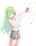  1girl absurdres blush breasts camisole cleavage commentary confetti cowboy_shot crop_top dot_nose drawstring from_side green_hair grey_shorts highres holding holding_party_popper large_breasts long_hair looking_at_viewer looking_to_the_side midriff multicolored_hair navel one_eye_closed open_mouth opm7760 party_popper purple_eyes short_shorts shorts simple_background smile solo spaghetti_strap standing stellive streaked_hair tied_drawstring turning_head very_long_hair virtual_youtuber white_background white_camisole yuzuha_riko 