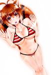  against_glass animal_ears antenna_hair bikini blazblue breast_press breasts breasts_on_glass brown_eyes brown_hair chukachuka eyebrows_visible_through_hair feet_out_of_frame glass highres large_breasts looking_at_viewer makoto_nanaya multicolored_hair navel open_mouth outline simple_background solo squirrel_ears squirrel_girl squirrel_tail striped striped_bikini swimsuit tail two-tone_hair white_background 