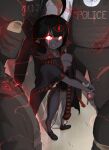  1girl 4boys :3 :d ahoge alley assault_rifle balaclava black_cape black_dress black_hair black_shirt black_shoes black_skin breasts brick_wall bulletproof_vest cape captured casting_spell chain cleavage clenched_hands clothes_writing collarbone collared_shirt colored_skin commentary cuffs dress english_commentary english_text eyelashes foreshortening from_above from_side full_body glowing glowing_eyes groin gun hand_on_another's_shoulder hand_on_another's_waist handcuffs hands_on_another's_chest high_collar highres holding holding_gun holding_weapon long_dress long_hair long_sleeves looking_at_viewer looking_to_the_side looking_up mage_hand medium_breasts mole mole_on_breast multiple_boys naughty_face no_panties open_mouth original outdoors own_hands_together paid_reward_available perspective pointy_ears police police_uniform pussy red_aura red_eyes red_light red_trim restrained rifle s.w.a.t. see-through_clothes see-through_dress shirt shoes side_slit sleeveless sleeveless_dress smile solo_focus sparkle standing surrounded suweeka tactical_clothes telekinesis third_eye turtleneck turtleneck_shirt underlighting v_arms vermell_(suweeka) weapon white_shirt 
