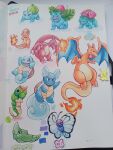  absurdres blue_eyes brown_eyes bulbasaur butterfree caterpie charizard charmander charmeleon claws closed_mouth commentary english_commentary evolutionary_line fangs fire flame-tipped_tail highres ivysaur metapod mimikyu nostrils one_eye_closed open_mouth photo_(medium) pokemon pokemon_(creature) red_eyes sandette squirtle tail traditional_media venusaur wartortle 