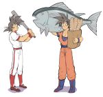  :o =3 arm_up ayo_(isy8800) bad_id bad_pixiv_id bag baseball_bat baseball_uniform belt black_eyes black_hair boots bread dougi dragon_ball dragon_ball_super eyebrows_visible_through_hair fish food frown full_body long_sleeves looking_away male_focus multiple_views shadow shirt short_hair simple_background son_gokuu spiked_hair sportswear standing uniform white_background white_shirt wristband 