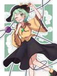  1girl :p ;p absurdres adjusting_clothes adjusting_headwear black_hat black_skirt commentary_request contrast_collar green_hair hat hat_ribbon highres kanitama1210 komeiji_koishi long_sleeves looking_at_viewer one_eye_closed ribbon shirt skirt solo third_eye tongue tongue_out touhou wide_sleeves yellow_ribbon yellow_shirt 