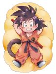  ayo_(isy8800) bad_id bad_pixiv_id black_eyes black_hair clothes_writing crossed_arms dougi dragon_ball dragon_ball_(classic) eyebrows_visible_through_hair flying_nimbus full_body happy looking_at_viewer lying male_focus nyoibo shadow short_hair simple_background smile solo son_gokuu spiked_hair tail teeth white_background 