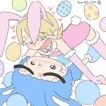  1boy 1girl animal_costume animal_ear_hairband animal_ears b-daman b-daman_bakugaiden blonde_hair blue_bomber_(b-daman) blush bomberman bomberman_b-daman_bakugaiden bow bowtie commentary_request easter_egg egg elbow_gloves fake_animal_ears fake_tail fur-trimmed_gloves fur_trim gloves hairband heart horubi_non leotard oc_x_canon open_mouth original pink_bow pink_bowtie pink_gloves pink_leotard pink_thighhighs playboy_bunny rabbit_costume rabbit_ears rabbit_tail saliva strapless strapless_leotard sweat tail thighhighs 