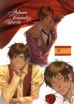  1boy absurdres arm_up artist_name axis_powers_hetalia black_necktie blush brown_hair brown_vest character_name closed_mouth collarbone collared_shirt cropped_torso cross cross_necklace epaulettes fingernails flag flower flower_in_mouth gold_trim green_eyes grey_ribbon half-closed_eyes hand_on_own_face hand_up highres holding holding_flag jacket jewelry leaf long_sleeves looking_afar looking_ahead looking_at_viewer male_focus military_jacket military_uniform multiple_views neck_ribbon necklace necktie one_eye_closed open_clothes open_jacket open_vest pants purple_jacket purple_vest red_flower red_rose revormee ribbon rose shirt short_hair simple_background smile spain_(hetalia) spanish_flag sparkle tan tassel teeth upper_body vest white_background white_shirt yellow_pants yellow_shirt 