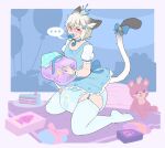 animal_humanoid anthro bear biped birthday black_body black_fur blue_clothing blue_diaper blue_dress blue_legwear blue_pacifier blush bubblepuppers cake cat_humanoid clothed clothing collar dessert diaper diaper_package digital_media_(artwork) dress ellipsis felid felid_humanoid feline feline_humanoid food fur hair hi_res humanoid kneeling legwear lock long_tail mammal mammal_humanoid orange_eyes plushie sex_toy solo speech_bubble tail teddy_bear wearing_diaper white_body white_fur white_hair