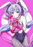  1girl ahoge animal_ears black_leotard black_pantyhose blue_eyes blue_hair commentary_request covered_navel cuffs dec_madoka fake_animal_ears fishnet_pantyhose fishnets garter_belt hair_ornament hairband handcuffs hatsune_miku heart heart_ahoge highres holding holding_stuffed_toy leotard long_hair looking_at_viewer o-ring o-ring_garter_belt pantyhose pink_background playboy_bunny rabbit_ears rabbit_hair_ornament rabbit_hole_(vocaloid) side-tie_leotard signature smile solo stuffed_animal stuffed_toy twitter_username very_long_hair vocaloid white_hairband 