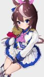  1girl absurdres animal_ears ascot asymmetrical_gloves black_gloves blue_eyes blush boots breasts brown_hair buttons cape commentary_request double-breasted epaulettes gloves hair_between_eyes highres horse_ears horse_girl horse_tail jacket long_hair long_sleeves looking_at_viewer mismatched_gloves misonikomi multicolored_hair multicolored_jacket parted_lips pink_ascot ponytail red_cape simple_background single_epaulette single_hair_streak sitting skirt small_breasts solo streaked_hair tail tokai_teio_(peak_joy)_(umamusume) tokai_teio_(umamusume) two-tone_hair two-tone_jacket two-tone_skirt umamusume white_background white_boots white_gloves white_hair white_jacket white_skirt white_streaks 
