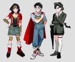  1girl 2boys aged_down amazon_warrior batman_(series) batman_symbol bruce_wayne casual child clark_kent dc_comics diana_prince formal_clothes highres jacket justice_league multiple_boys open_clothes open_jacket suit superhero_costume superman_(series) vovanixen46546 wonder_woman_(series) 