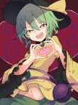  1girl black_hat commentary_request furorina green_hair green_skirt hair_between_eyes hands_up hat hat_ribbon heart heart_hands highres komeiji_koishi looking_at_viewer navel open_mouth ribbon shirt short_hair skirt smile solo third_eye touhou wide_sleeves yellow_ribbon yellow_shirt 