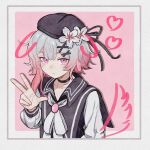  1girl beret black_choker black_hat choker closed_mouth commentary drawn_ears drawn_heart drawn_tail fang flower gradient_hair hair_ornament hat hat_flower highres looking_at_viewer mahou_shoujo_no_majo_saiban multicolored_hair pink_eyes sakuraba_ema short_hair skin_fang solo superbigneet untranslatable_commentary w white_flower white_hair x_hair_ornament 
