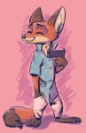  2018 anthro barefoot canine claws clothed clothing dipstick_ears dipstick_tail disney eyes_closed fox fuel_(artist) gloves_(marking) gun handgun holding_object holding_weapon male mammal markings multicolored_tail nick_wilde pistol ranged_weapon simple_background smile socks_(marking) solo standing toe_claws weapon zootopia 