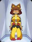 accessory anthro armor armwear blush clothing clothing_down digital_media_(artwork) domestic_cat dress felid feline felis female gameoverse glitch_productions grunting hair hair_accessory hairband hi_res implied_scat kit_(gameoverse) legwear mammal protective_gear shaking sillynamie solo straining teeth teeth_showing toilet toilet_use trembling whiskers