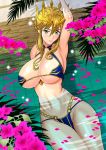  alternate_costume arm_behind_back arm_up armpits artoria_pendragon_(all) artoria_pendragon_(lancer) barefoot bikini blonde_hair blue_bikini blush braid breasts commentary_request crown fate/grand_order fate_(series) flower french_braid green_eyes hair_between_eyes large_breasts looking_at_viewer navel partially_submerged petals petals_on_liquid pool sidelocks smile swimsuit thighs water wet yukiyanagi 