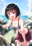  :d animal bang_dream! bangs bare_arms bare_shoulders bikini bikini_skirt black_hair blue_sky blurry blurry_background blush breasts cleavage cloud collarbone commentary_request crab day depth_of_field eyebrows_visible_through_hair fingernails floral_print front-tie_bikini front-tie_top hand_on_leg highres horizon leaning_forward medium_breasts mitake_ran multicolored_hair ocean open_mouth outdoors pointing print_bikini red_bikini red_eyes red_hair rock round_teeth sky smile solo streaked_hair swimsuit teeth tsukiman upper_teeth water wet 