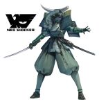  1girl armor black_hair black_sash black_sclera blue_skin broken_horn colored_sclera colored_skin commentary dou eidenjyou1997 elephant_girl emblem english_commentary fake_horns full_body genderswap genderswap_(mtf) green_armor green_hakama green_pants hakama hakama_pants helmet highres holding holding_sword holding_weapon horned_helmet horns japanese_armor japanese_clothes jewelry kamen_rider katana long_hair looking_at_viewer miminger monster_girl necklace neo_kamen_rider open_hand open_mouth pants red_eyes samurai sandals sash scabbard sharp_teeth sheath shocker_(kamen_rider) shoulder_armor simple_background sode solo standing sword tabi teeth tooth_necklace unsheathed waist_sash waraji weapon white_background white_horns 