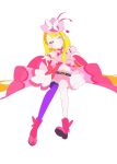  1girl 35kawaiiprpr \m/ absurdres asymmetrical_clothes belt blonde_hair boots crop_top cure_butterfly full_body grin highres hijiri_ageha hirogaru_sky!_precure long_hair magical_girl miniskirt one_eye_closed overskirt pink_eyes precure simple_background single_pantsleg skirt smile solo very_long_hair white_background 