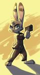  2018 anthro barefoot blue_eyes clothed clothing disney ear_markings facial_markings fuel_(artist) fur_markings gun handgun head_tuft holding_object holding_weapon jack_savage lagomorph looking_at_viewer male mammal markings pistol rabbit ranged_weapon simple_background solo standing suit weapon zootopia 