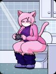 aeris_(vg_cats) anthro bathroom belt big_butt blush bodily_fluids bottomwear butt cabinet clothed clothing digital_media_(artwork) domestic_cat felid feline felis female footwear gaming genital_fluids glass hair hi_res mammal narrowed_eyes overshirt panties panties_down pants partially_clothed peeing playing_video_game shirt shoes shower sillynamie sink solo squint squinted_eyes tail toilet toilet_use topwear undershirt underwear underwear_down urine vg_cats x-ray_view
