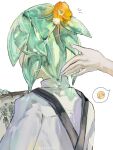  2others 404-chan_(22_0724) artist_name blue_nails clipboard crystal_hair drawing_(object) english_commentary fingernails flower from_behind green_hair hair_flower hair_ornament hand_up highres holding holding_clipboard houseki_no_kuni long_sleeves multiple_others nail_polish notice_lines orange_flower other_focus phosphophyllite shirt short_hair simple_background solo_focus sparkle speech_bubble suspenders upper_body white_background white_shirt 