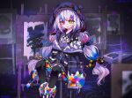  1girl atai_(56874442) beret blush bow chinese_commentary commentary_request dress frilled_dress frills hair_ornament hat heterochromia highres indoors jogasaki_noah lolita_fashion long_hair mahou_shoujo_no_majo_saiban multicolored_hair paint_splatter purple_background sitting thighhighs white_hair 