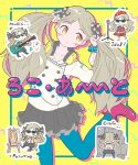  1girl beamed_eighth_notes black_bow black_skirt blue_pantyhose bow brown_hair canvas_(object) chibi chibi_inset easel eighth_note facing_viewer frilled_skirt frills guitar hair_bow half_note handa_roco headphones headphones_around_neck heart heart-shaped_eyewear highres holding holding_paint_palette holding_paintbrush houraijin idolmaster idolmaster_million_live! instrument leg_up long_hair miniskirt multiple_hair_bows musical_note paint_palette paintbrush painting_(action) pantyhose pink_shoes playing_guitar playing_instrument polka_dot polka_dot_bow sculpting shirt shoes sideways_glance skirt standing standing_on_one_leg sunglasses twintails white_shirt yellow_background yellow_eyes 