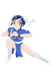  bangs bare_legs blue_dress blue_eyes blue_hair boots bracelet bun_cover china_dress chinese_clothes chun-li chun-li_(cosplay) commentary_request cosplay cross-laced_footwear dokidoki!_precure double_bun dress hishikawa_rikka jewelry lace-up_boots no_legwear precure puffy_short_sleeves puffy_sleeves short_sleeves solo spiked_bracelet spikes street_fighter thighs tkd405 white_background white_footwear 