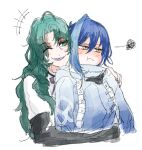  2girls age_difference black_gloves blue_hair blue_jacket commentary_request crache_(path_to_nowhere) gloves green_eyes green_hair hair_between_eyes hand_on_another's_shoulder hug hug_from_behind jacket jrnc23 korean_commentary long_hair multiple_girls one_eye_closed path_to_nowhere pout raven_(path_to_nowhere) shirt short_hair squiggle white_shirt yellow_eyes 
