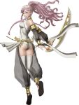  1girl artist_request ass braid breasts bridal_gauntlets dancer detached_sleeves fire_emblem fire_emblem_awakening fire_emblem_warriors from_behind full_body highres holding holding_sword holding_weapon long_hair looking_at_viewer looking_back medium_breasts official_art olivia_(fire_emblem) pink_eyes pink_hair ponytail revealing_clothes simple_background smile solo standing sword teeth tiptoes transparent_background twin_braids weapon 