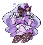  1girl ascot breasts cropped_legs dark-skinned_female dark_skin dress fascinator fishnet_pantyhose fishnets frilled_ascot frills glove_bow gloves heart highres jacinthe_(pokemon) juliet_sleeves long_hair long_sleeves looking_at_viewer low_drills medium_breasts mega_stone open_mouth pantyhose peachems_(gemu) pokemon pokemon_legends:_z-a puffy_sleeves purple_dress purple_eyes purple_hair smile solo teeth very_dark_skin white_background white_gloves 
