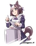  1girl alternate_costume animal_ears apron brown_eyes brown_hair cooking highres horse_ears horse_girl horse_tail maid_apron short_hair simple_background solo special_week_(umamusume) tail tongue tongue_out tonpuu twitter_username umamusume white_background 