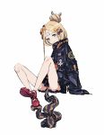  abigail_williams_(fate/grand_order) alternate_hairstyle bandaid_on_forehead bangs belt black_bloomers black_bow black_jacket blonde_hair bloomers blue_eyes bow commentary_request fate/grand_order fate_(series) forehead frills hair_bow hair_bun heroic_spirit_traveling_outfit high_collar highres jacket knees_up legs light_smile loafers long_hair long_legs looking_at_viewer matsuoka_(mtok_0) orange_bow parted_bangs polka_dot polka_dot_bow red_footwear shoes simple_background sitting sleeves_past_fingers sleeves_past_wrists solo stuffed_animal stuffed_toy teddy_bear tentacles thighs underwear white_background 