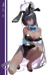  1girl :o animal_ears arms_under_breasts bare_shoulders black_hair black_leotard black_shoes blue_archive bow bowtie breasts cleavage colored_inner_hair commentary_request dark-skinned_female dark_skin detached_collar fake_animal_ears fishnet_pantyhose fishnets gloves hair_between_eyes halo highres huge_breasts karin_(blue_archive) karin_(bunny)_(blue_archive) leotard long_hair looking_at_viewer multicolored_hair official_alternate_costume pantyhose playboy_bunny purple_background purple_hair purple_halo rabbit_ears red_bow red_bowtie shoes simple_background sleeveless solo squatting strapless strapless_leotard teeth two-tone_hair very_long_hair white_background white_gloves white_wrist_cuffs wrist_cuffs yellow_eyes zhileng_zhil 